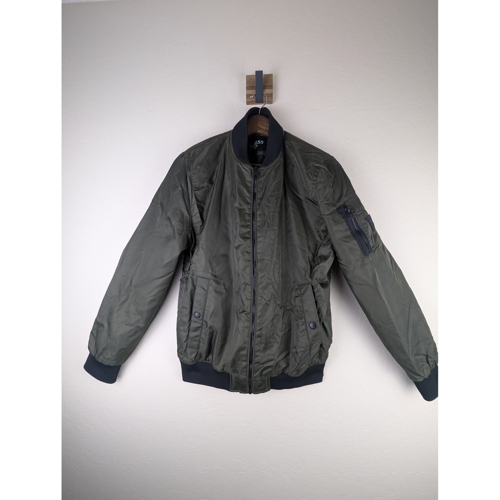 Guess Mens Olive Green Full Zip Bomber Flight Jacket Small Utility Pocket Logo